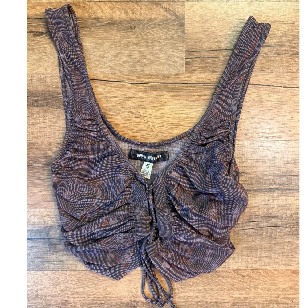 Urban Outfitters Mesh Crop‎ Top Purple Plaid Ruched Lace-Up Y2K Indie Grunge XS